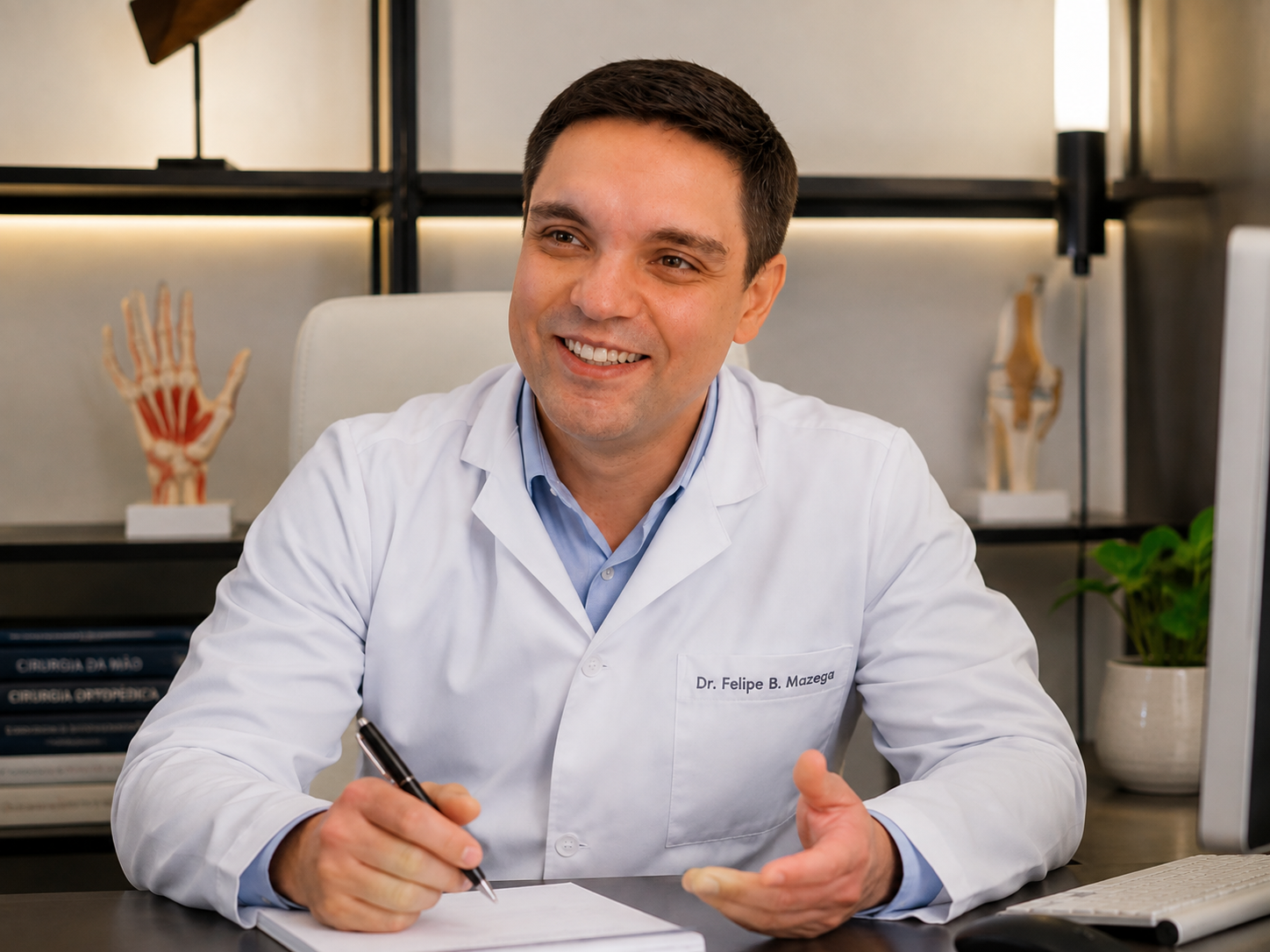 Dr. Felipe Basilato Mazega em seu consultório, durante atendimento personalizado